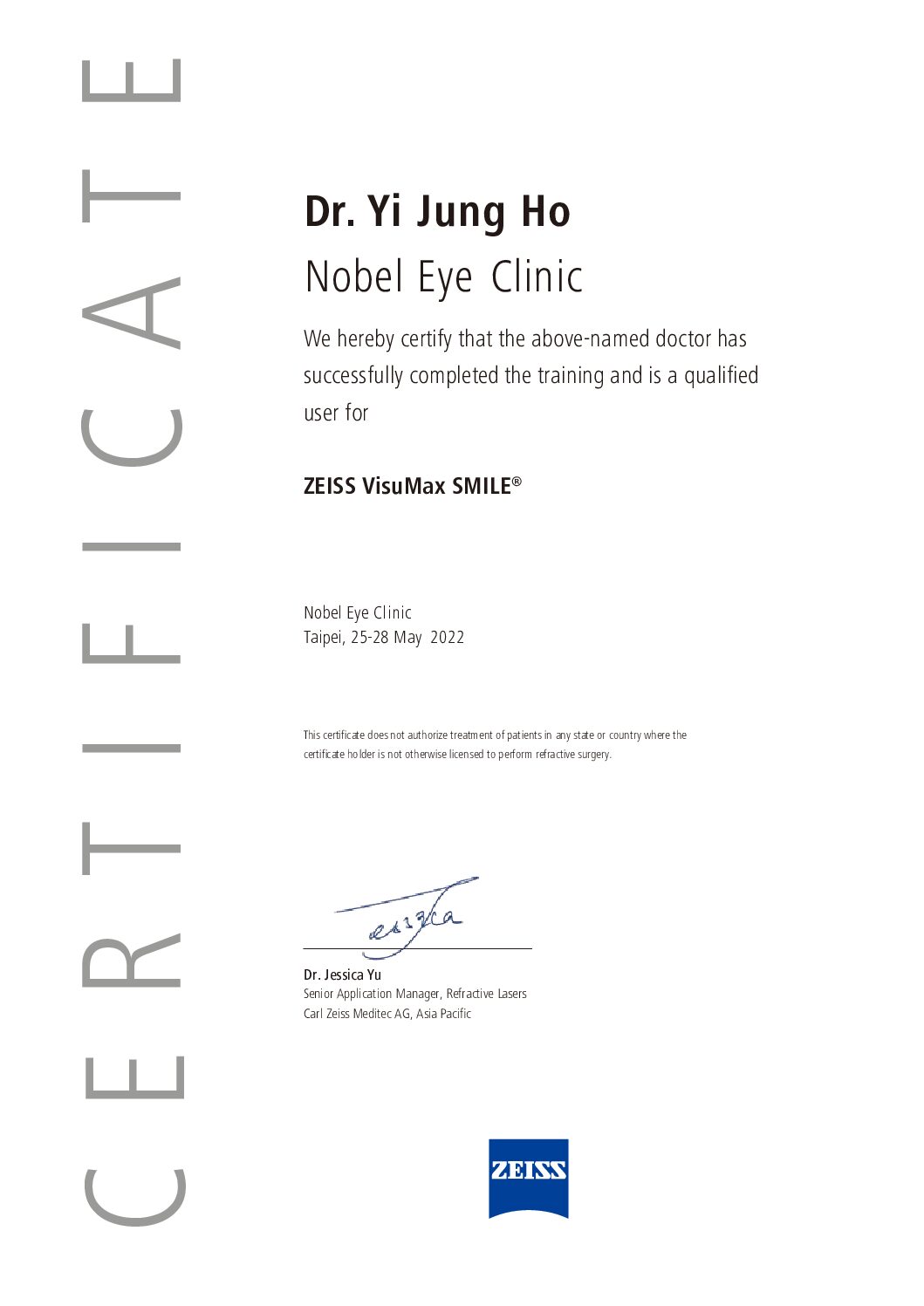 Smile certificates for Dr Yi Jung Ho